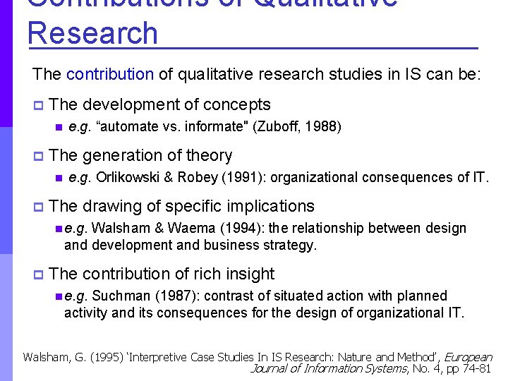 Contributions of Qualitative Research The contribution of qualitative research studies in IS can be: