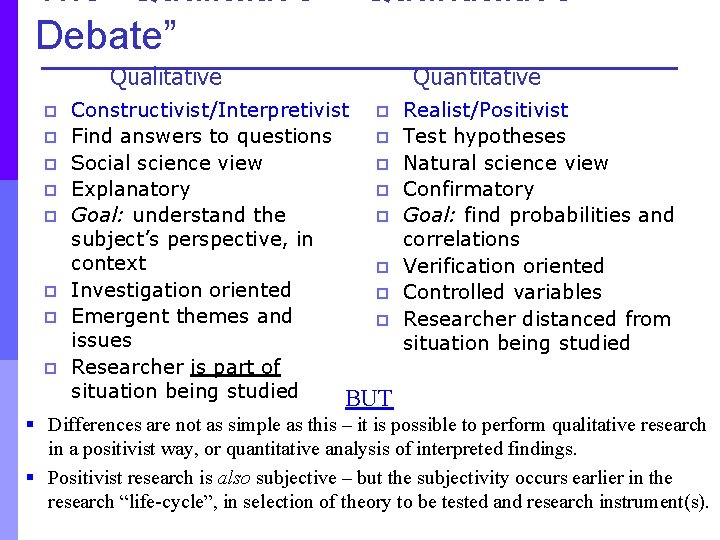 The “Qualitative – Quantitative Debate” Qualitative p p p p Constructivist/Interpretivist p Find answers