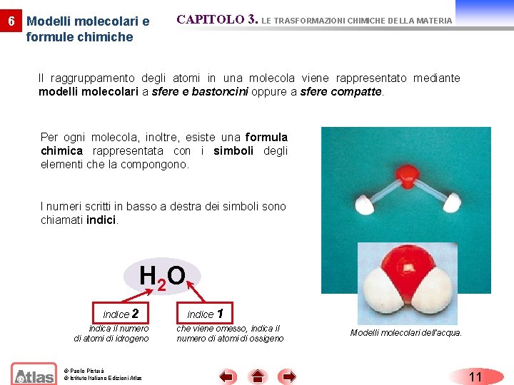 6 Modelli molecolari e formule chimiche CAPITOLO 3. LE TRASFORMAZIONI CHIMICHE DELLA MATERIA Il