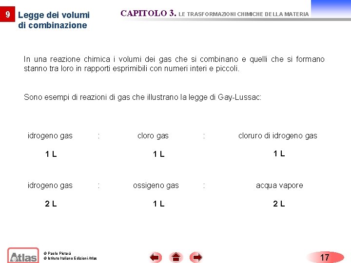 CAPITOLO 3. LE TRASFORMAZIONI CHIMICHE DELLA MATERIA 9 Legge dei volumi di combinazione In