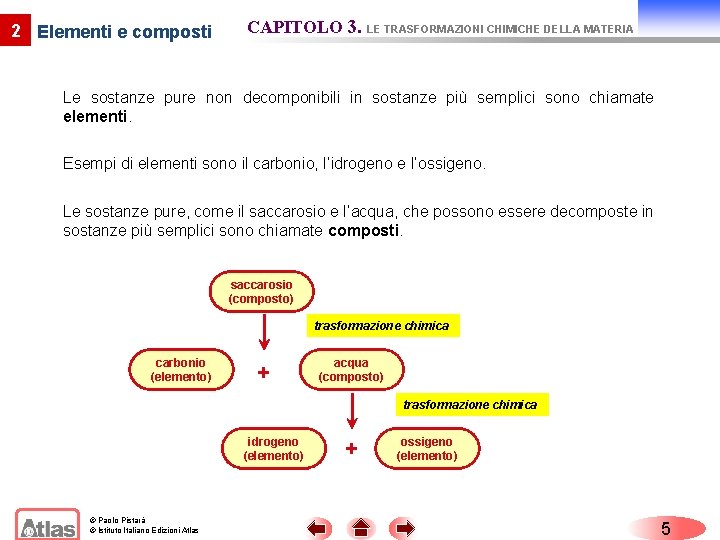 2 Elementi e composti CAPITOLO 3. LE TRASFORMAZIONI CHIMICHE DELLA MATERIA Le sostanze pure