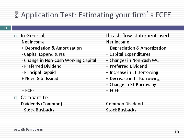 6 Application Test: Estimating your firm’s FCFE 13 In General, If cash flow statement