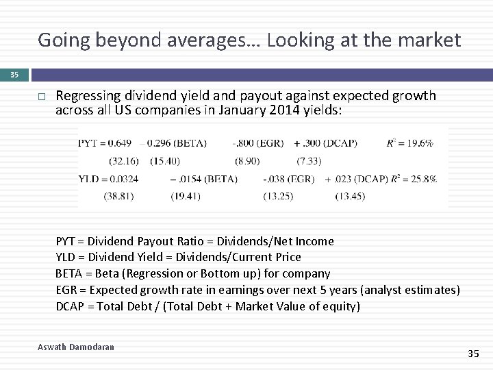 Going beyond averages… Looking at the market 35 Regressing dividend yield and payout against