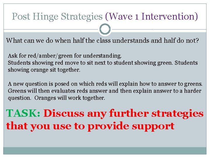 Post Hinge Strategies (Wave 1 Intervention) What can we do when half the class