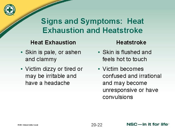 Signs and Symptoms: Heat Exhaustion and Heatstroke Heat Exhaustion Heatstroke • Skin is pale,