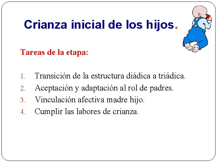 Crianza inicial de los hijos. Tareas de la etapa: 1. 2. 3. 4. Transición