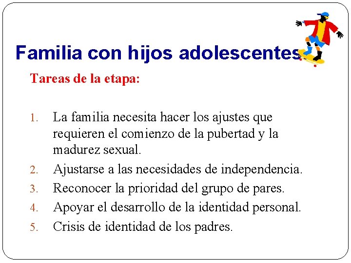 Familia con hijos adolescentes. Tareas de la etapa: 1. 2. 3. 4. 5. La