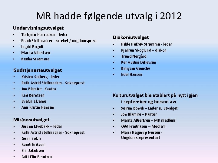 MR hadde følgende utvalg i 2012 Undervisningsutvalget • • • Torbjørn Konradsen - leder