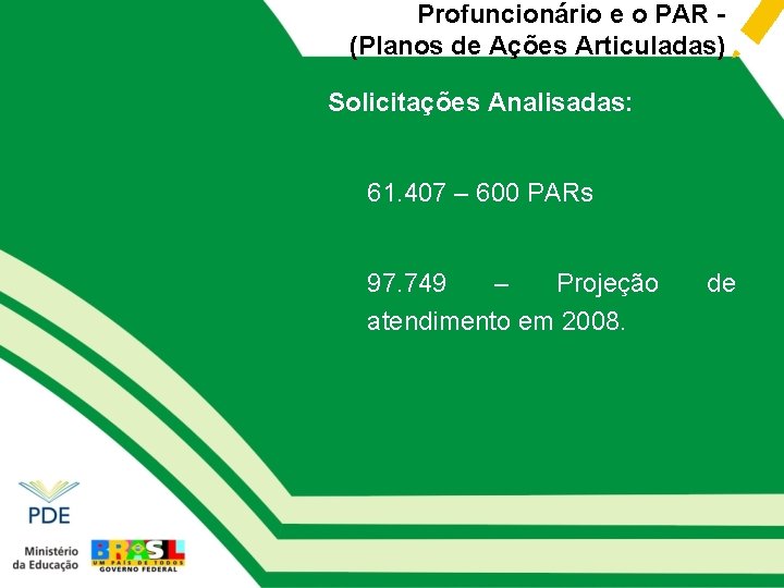 Profuncionário e o PAR (Planos de Ações Articuladas) Solicitações Analisadas: 61. 407 – 600