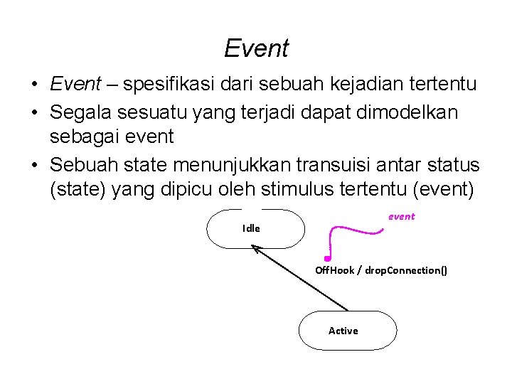 Event • Event – spesifikasi dari sebuah kejadian tertentu • Segala sesuatu yang terjadi