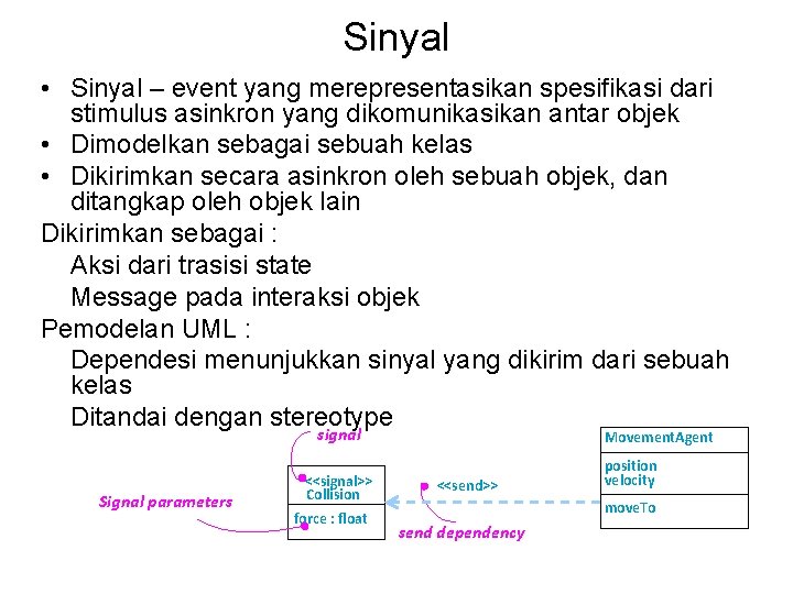 Sinyal • Sinyal – event yang merepresentasikan spesifikasi dari stimulus asinkron yang dikomunikasikan antar