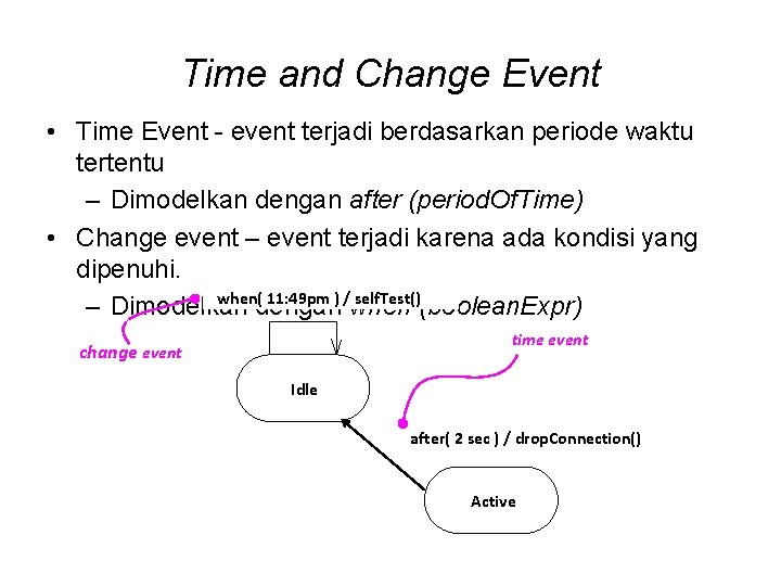 Time and Change Event • Time Event - event terjadi berdasarkan periode waktu tertentu