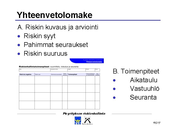 Yhteenvetolomake A. Riskin kuvaus ja arviointi Riskin syyt Pahimmat seuraukset Riskin suuruus B. Toimenpiteet