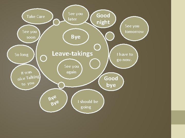 See you later Take Care See you soon So long Good night See you