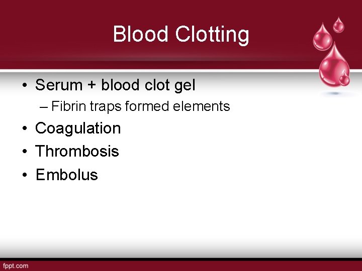 Blood Clotting • Serum + blood clot gel – Fibrin traps formed elements •