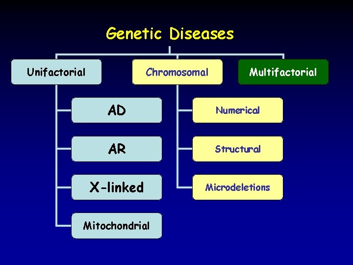 Genetic Diseases Unifactorial Chromosomal Multifactorial AD Numerical AR Structural X-linked Microdeletions Mitochondrial Genetic Diseases Unifactorial Chromosomal Multifactorial AD Numerical AR Structural X-linked Microdeletions Mitochondrial