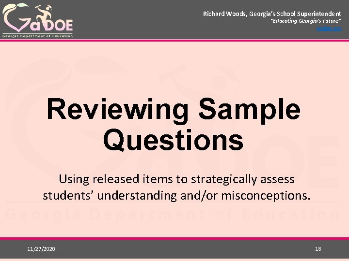 Richard Woods, Georgia’s School Superintendent “Educating Georgia’s Future” gadoe. org Reviewing Sample Questions Using