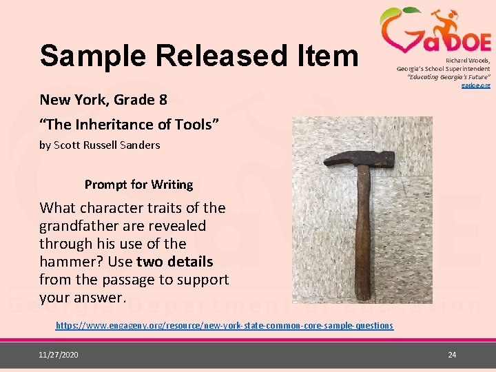 Sample Released Item New York, Grade 8 “The Inheritance of Tools” Richard Woods, Georgia’s
