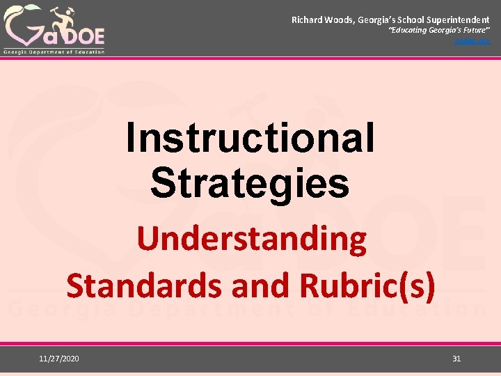 Richard Woods, Georgia’s School Superintendent “Educating Georgia’s Future” gadoe. org Instructional Strategies Understanding Standards