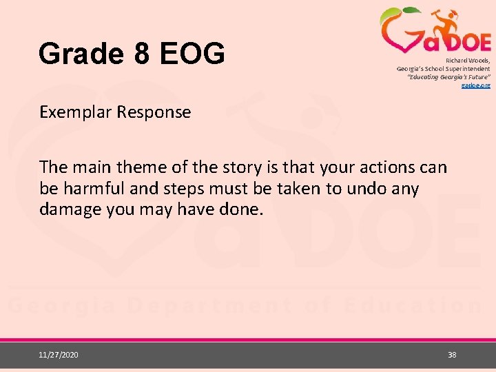 Grade 8 EOG Richard Woods, Georgia’s School Superintendent “Educating Georgia’s Future” gadoe. org Exemplar