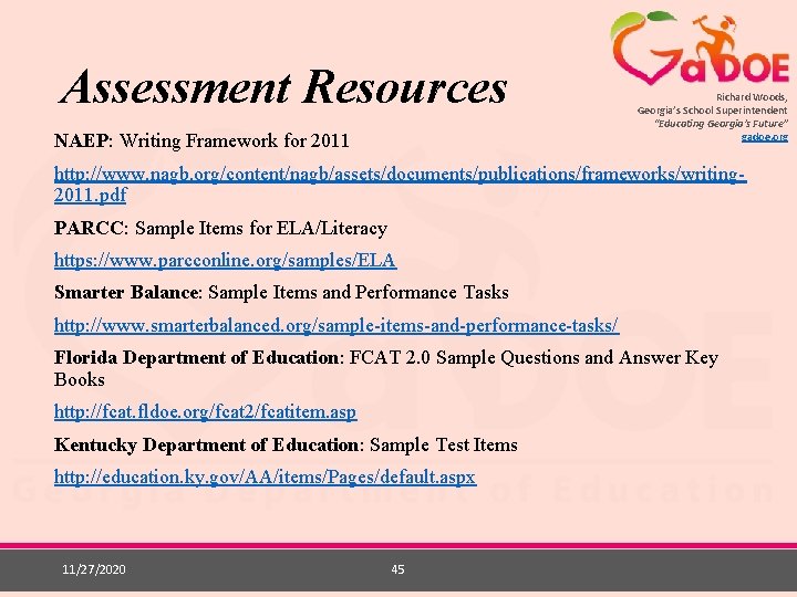 Assessment Resources NAEP: Writing Framework for 2011 Richard Woods, Georgia’s School Superintendent “Educating Georgia’s