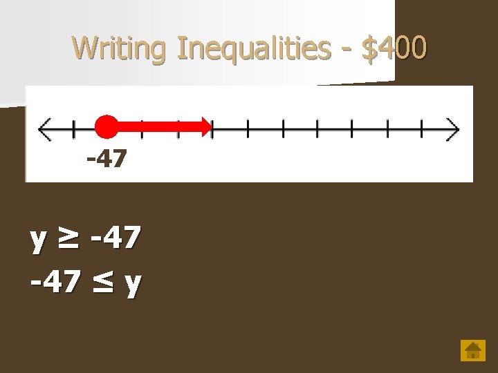 Writing Inequalities - $400 -47 y ≥ -47 ≤ y 