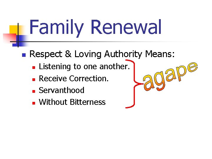 Family Renewal n Respect & Loving Authority Means: n n Listening to one another.