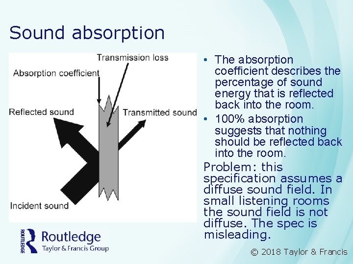 Sound absorption • The absorption coefficient describes the percentage of sound energy that is