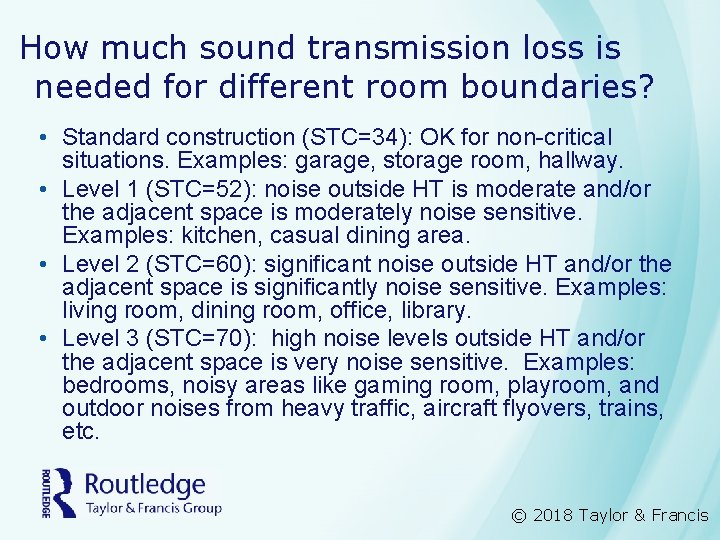 How much sound transmission loss is needed for different room boundaries? • Standard construction