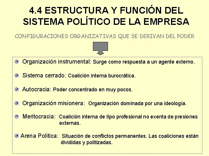 4. 4 ESTRUCTURA Y FUNCIÓN DEL SISTEMA POLÍTICO DE LA EMPRESA CONFIGURACIONES ORGANIZATIVAS QUE