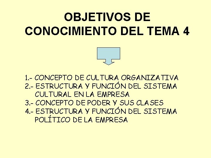 OBJETIVOS DE CONOCIMIENTO DEL TEMA 4 1. - CONCEPTO DE CULTURA ORGANIZATIVA 2. -