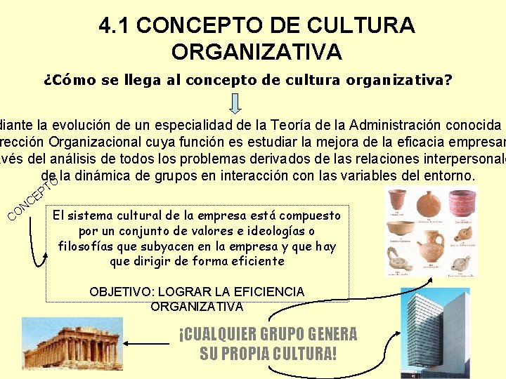 4. 1 CONCEPTO DE CULTURA ORGANIZATIVA ¿Cómo se llega al concepto de cultura organizativa?