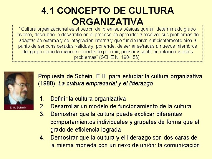 4. 1 CONCEPTO DE CULTURA ORGANIZATIVA “Cultura organizacional es el patrón de premisas básicas