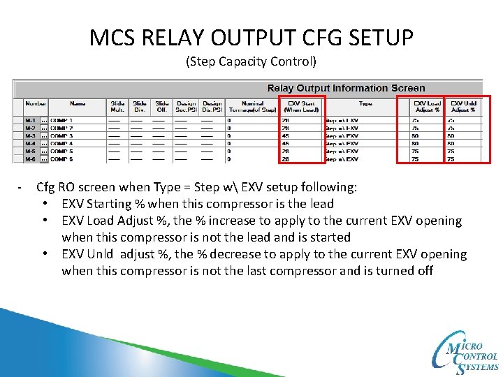MCS RELAY OUTPUT CFG SETUP (Step Capacity Control) - Cfg RO screen when Type