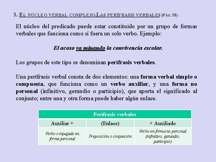 3. EL NÚCLEO VERBAL COMPLEJO. LAS PERÍFRASIS VERBALES (PÁG. 58) El núcleo del predicado 3. EL NÚCLEO VERBAL COMPLEJO. LAS PERÍFRASIS VERBALES (PÁG. 58) El núcleo del predicado