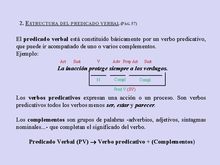 2. ESTRUCTURA DEL PREDICADO VERBAL (PÁG. 57) El predicado verbal está constituido básicamente por 2. ESTRUCTURA DEL PREDICADO VERBAL (PÁG. 57) El predicado verbal está constituido básicamente por