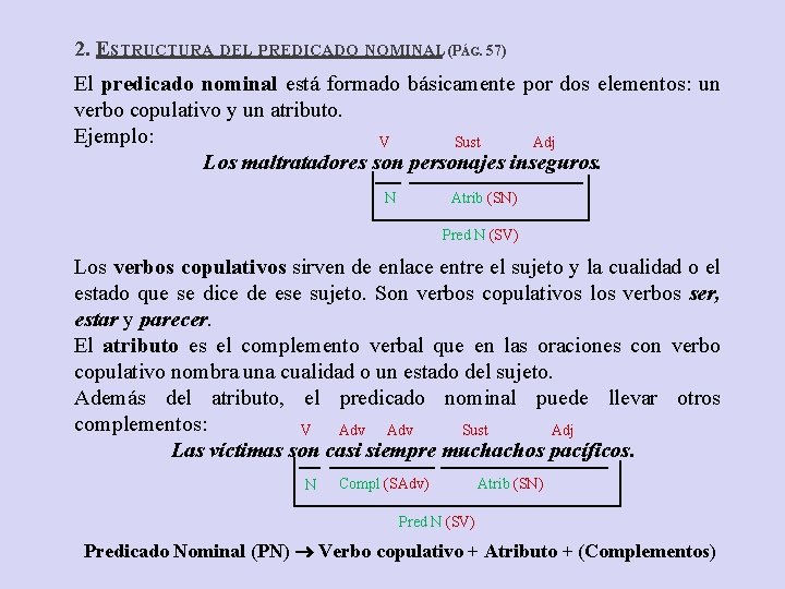 2. ESTRUCTURA DEL PREDICADO NOMINAL (PÁG. 57) El predicado nominal está formado básicamente por 2. ESTRUCTURA DEL PREDICADO NOMINAL (PÁG. 57) El predicado nominal está formado básicamente por