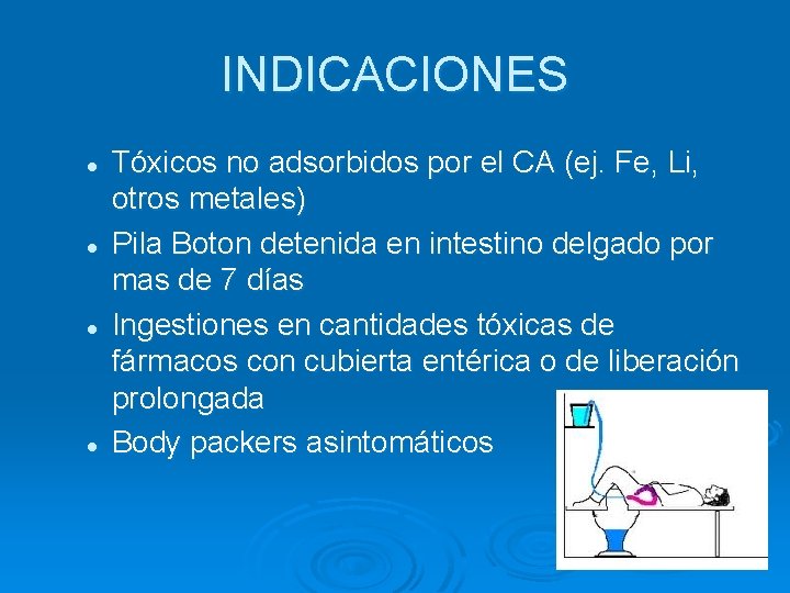 INDICACIONES l l Tóxicos no adsorbidos por el CA (ej. Fe, Li, otros metales)