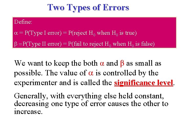 Two Types of Errors Define: = P(Type I error) = P(reject H 0 when