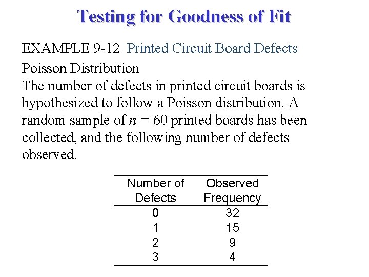 Testing for Goodness of Fit EXAMPLE 9 -12 Printed Circuit Board Defects Poisson Distribution