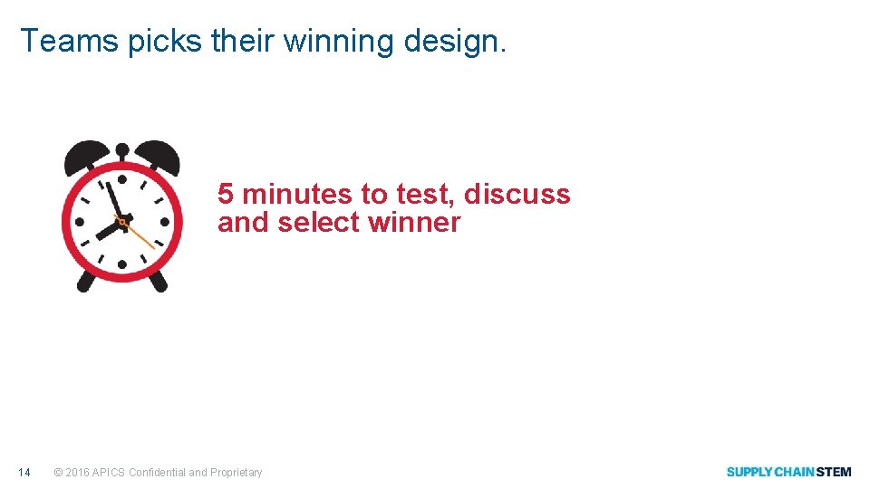 Teams picks their winning design. 5 minutes to test, discuss and select winner 14