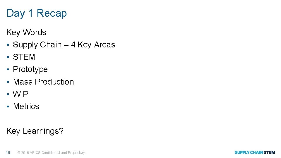 Day 1 Recap Key Words ▪ ▪ ▪ Supply Chain – 4 Key Areas