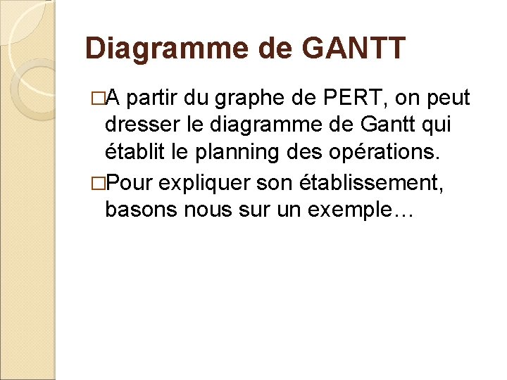 Diagramme de GANTT �A partir du graphe de PERT, on peut dresser le diagramme