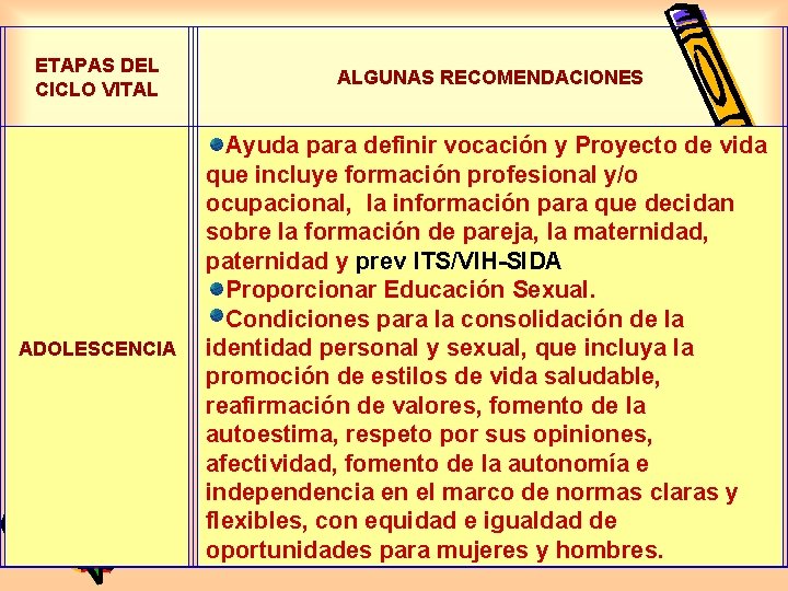  ETAPAS DEL CICLO VITAL ALGUNAS RECOMENDACIONES ADOLESCENCIA Ayuda para definir vocación y Proyecto