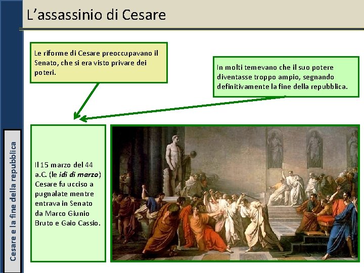 L’assassinio di Cesare e la fine della repubblica Le riforme di Cesare preoccupavano il