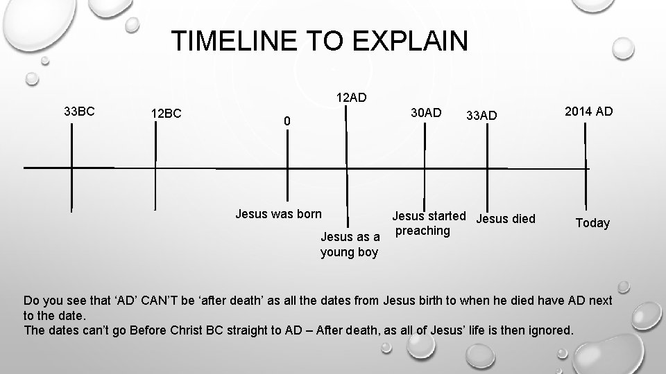 TIMELINE TO EXPLAIN 33 BC 12 AD 12 BC 30 AD 0 Jesus was