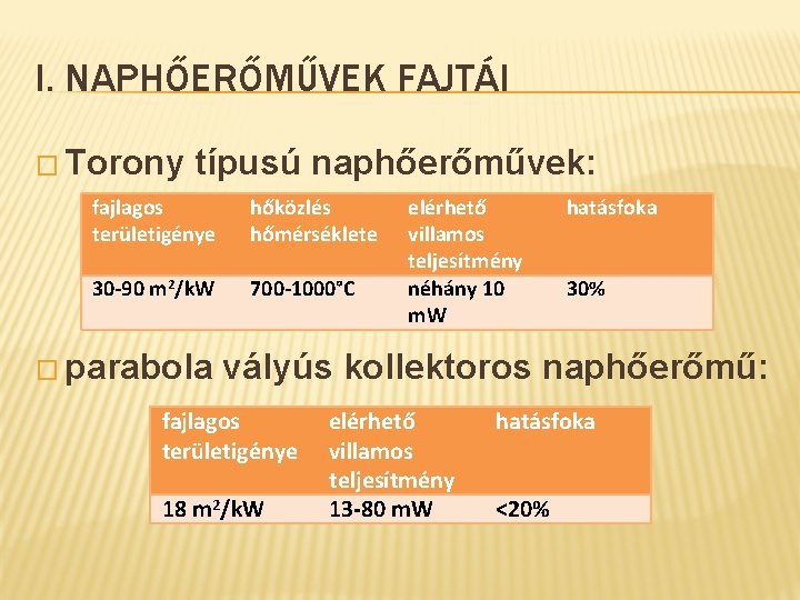 I. NAPHŐERŐMŰVEK FAJTÁI � Torony típusú naphőerőművek: fajlagos területigénye hőközlés hőmérséklete 30 -90 m