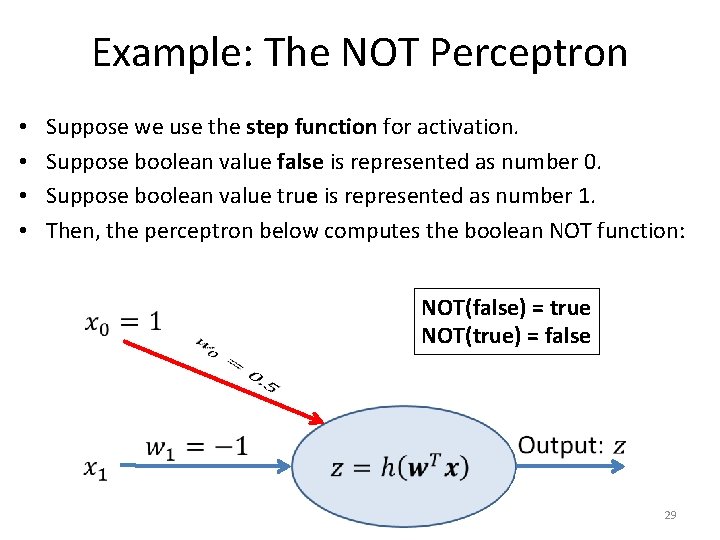 Example: The NOT Perceptron • • Suppose we use the step function for activation.