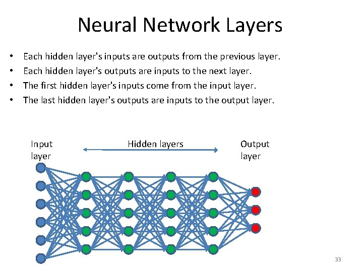 Neural Network Layers • • Each hidden layer's inputs are outputs from the previous