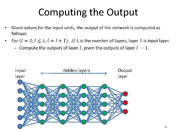 Computing the Output • Input layer Hidden layers Output layer 35 
